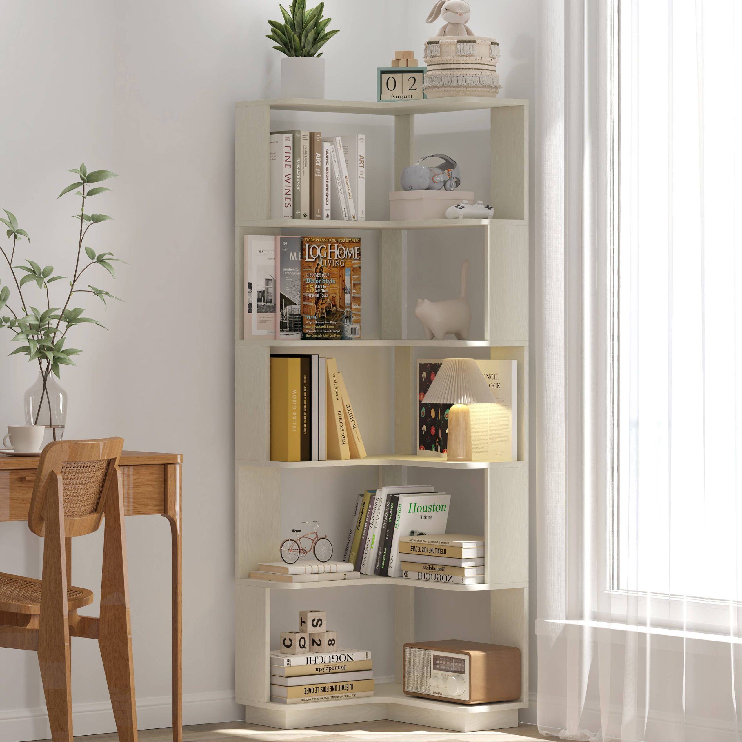 6-Tier L-Shaped Corner Bookshelf with Anti-Tip Design,5Color: White Oak
